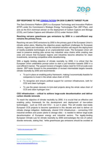 ZEP response to the consultation on 2030 climate target plan