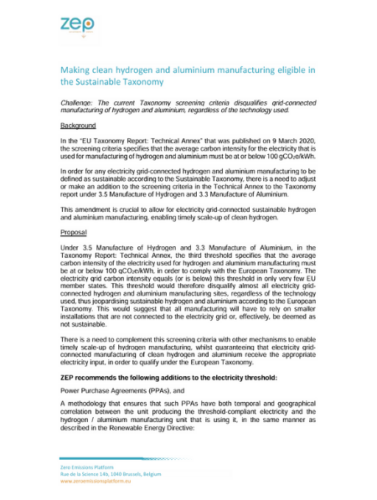 Making clean hydrogen and aluminium manufacturing eligible in the Sustainable Taxonomy