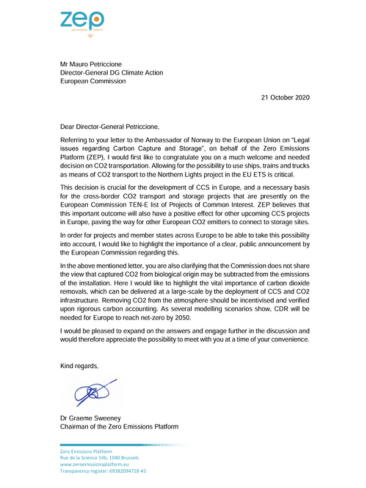 ZEP letter to DG CLIMA on CO2 shipping in EU ETS