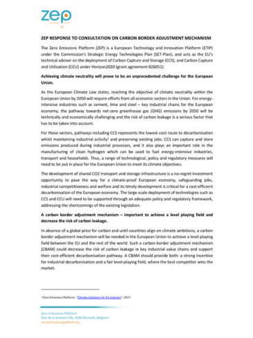 ZEP response to consultation on Carbon Border Adjustment Mechanism