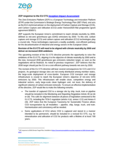 ZEP response to EU ETS Inception Impact Assessment