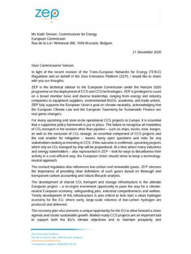 Letter to Commissioner for Energy on the revision of the TEN-E Regulation