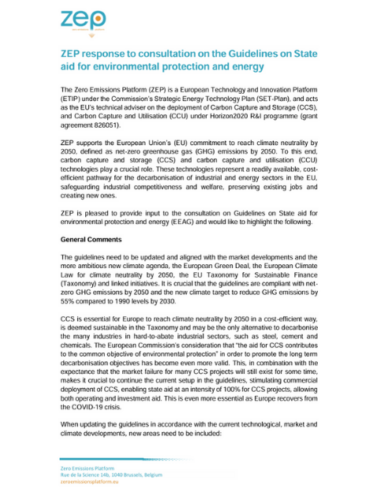 ZEP response to consultation on the Guidelines on State aid for environmental protection and energy