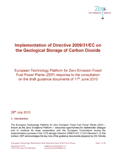 Implementation of Directive 2009/31/EC on the Geological Storage of Carbon Dioxide