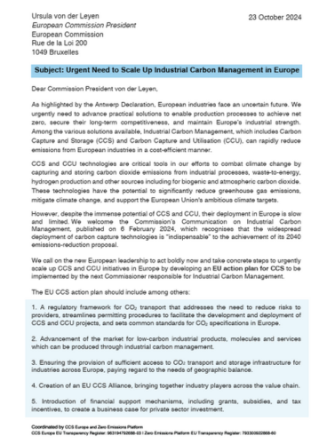 Open Letter: Urgent need to scale up Industrial Carbon Management in Europe