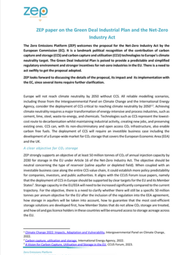ZEP paper on the Green Deal Industrial Plan and the Net-Zero Industry Act