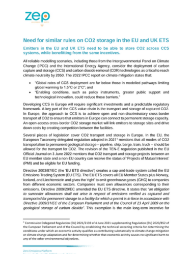 Need for similar rules on CO2 storage in the EU and UK ETS