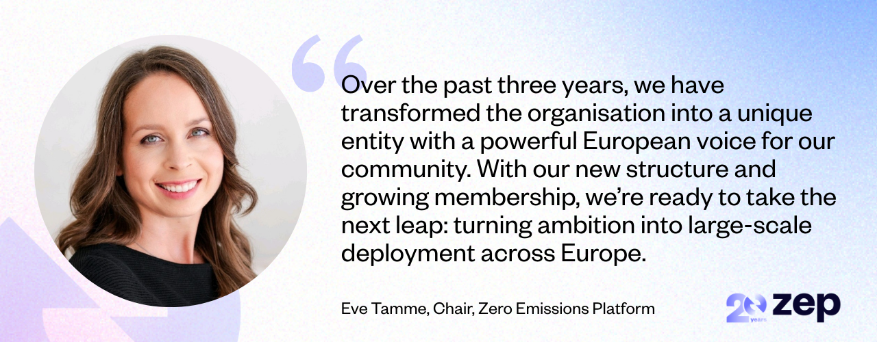 A graphic featuring a portrait of Eve Tamme smiling on the left, with a quote on the right. The quote reads: “Over the past three years, we have transformed the organisation into a unique entity with a powerful European voice for our community. With our new structure and growing membership, we’re ready to take the next leap: turning ambition into large-scale deployment across Europe.” Beneath the quote is the name “Eve Tamme, Chair, Zero Emissions Platform.” The ZEP 20-years logo appears in the bottom right corner against a soft gradient background.